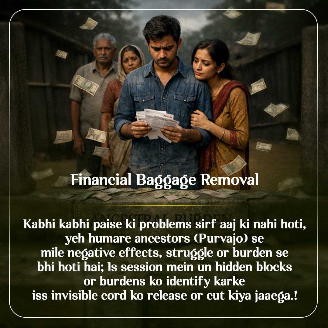 Family looking at money with text about financial baggage removal.Akshaya Dhan Varsha – Lakshmi Beej Mantra Activation Healing Session with Dhwani Jain