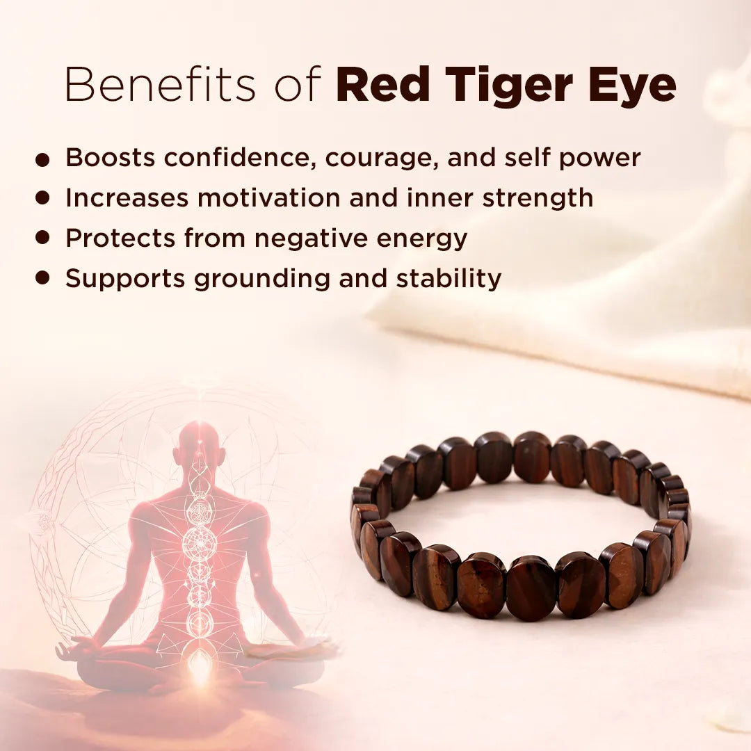 Red tiger eye bracelet with benefits listed on a white background