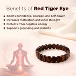 Red tiger eye bracelet with benefits listed on a white background