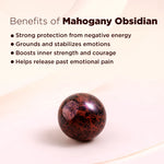 Mahogany Obsidian stone with benefits listed on a light pink background