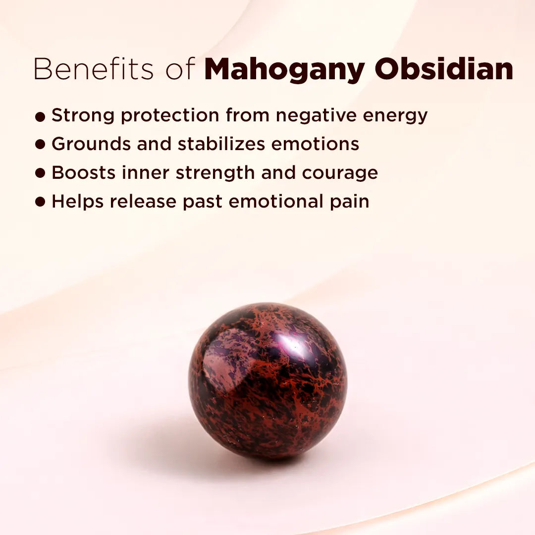 Mahogany Obsidian stone with benefits listed on a light pink backgroundNatural Mahogany Obsidian Crystal Ball – Abhimantrit & Certified