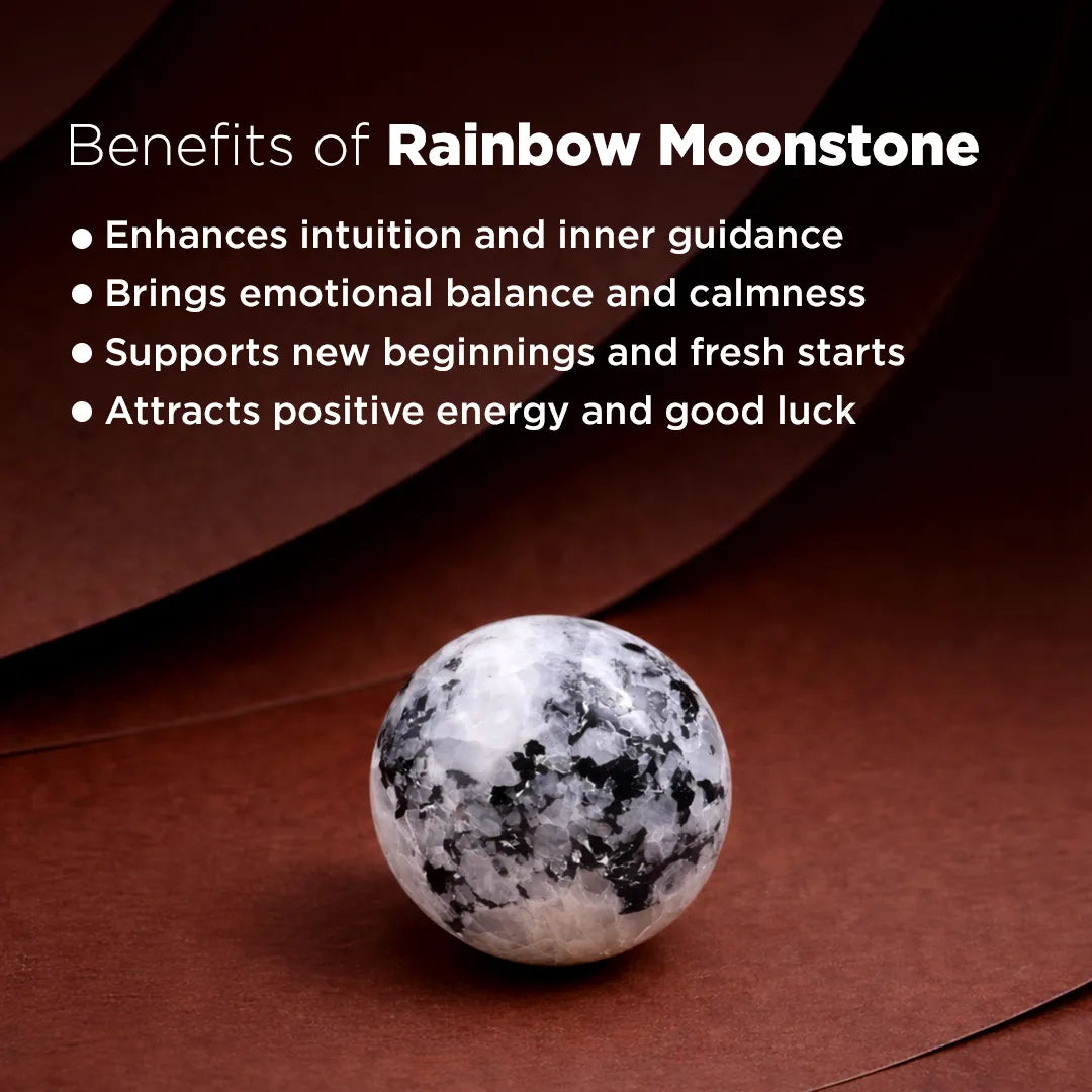 Rainbow moonstone on a brown background with text about its benefits