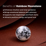 Rainbow moonstone on a brown background with text about its benefits