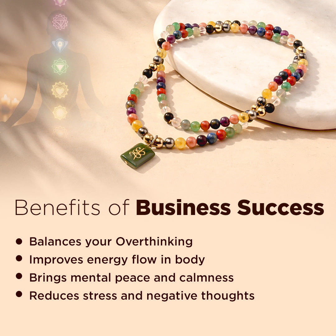 Colorful beaded bracelet on a white surface with text about business success benefits.