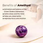 Purple amethyst crystal ball with text on benefits of amethyst on a blurred background