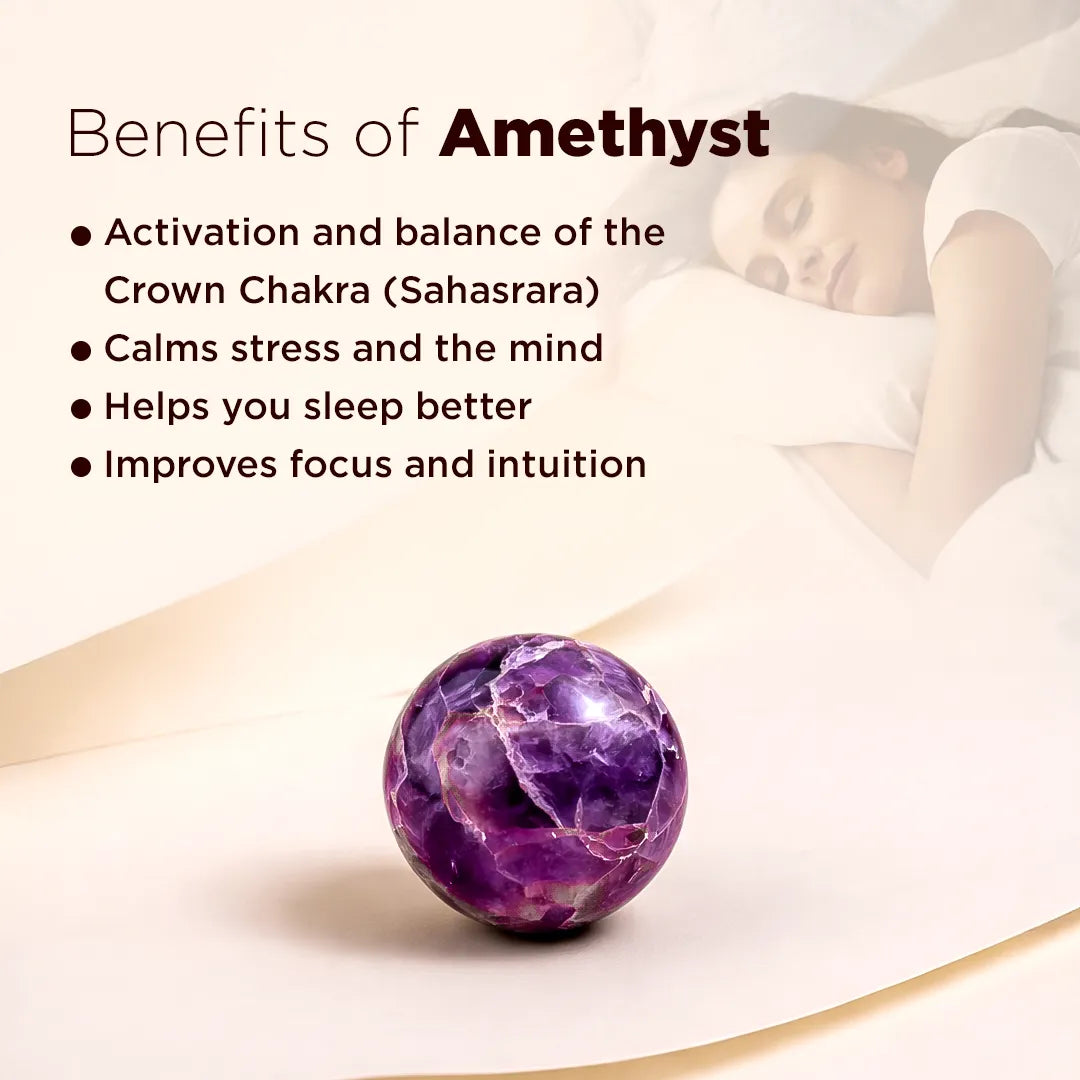 Purple amethyst crystal ball with text on benefits of amethyst on a blurred backgroundNatural Amethyst Crystal Ball – Abhimantrit & Certified