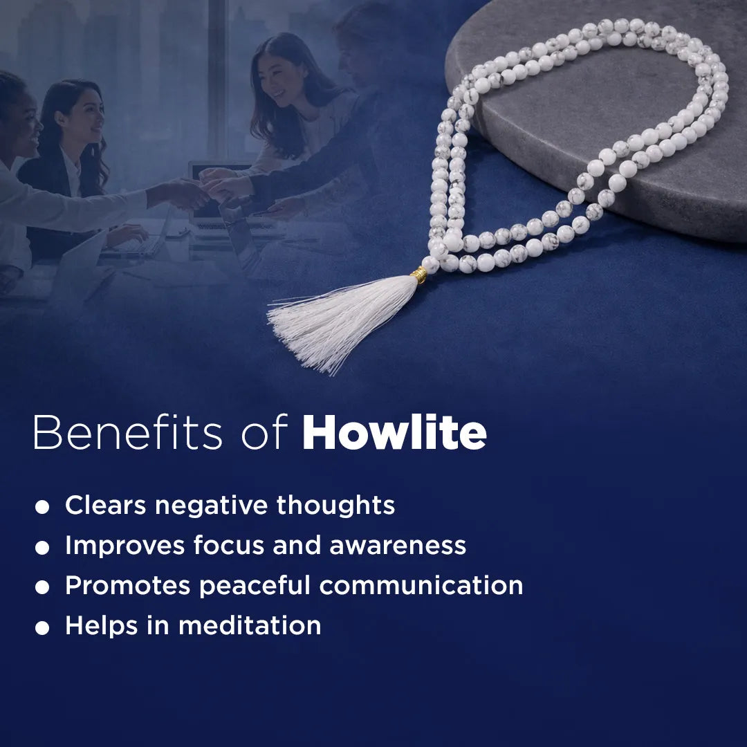 Meditation beads with a blurred office scene in the background, featuring text on howlite benefits.Howlite Crystal Mala – Peace, Focus & Meditation Mala