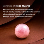 Rose Quartz crystal with benefits listed on a brown background
