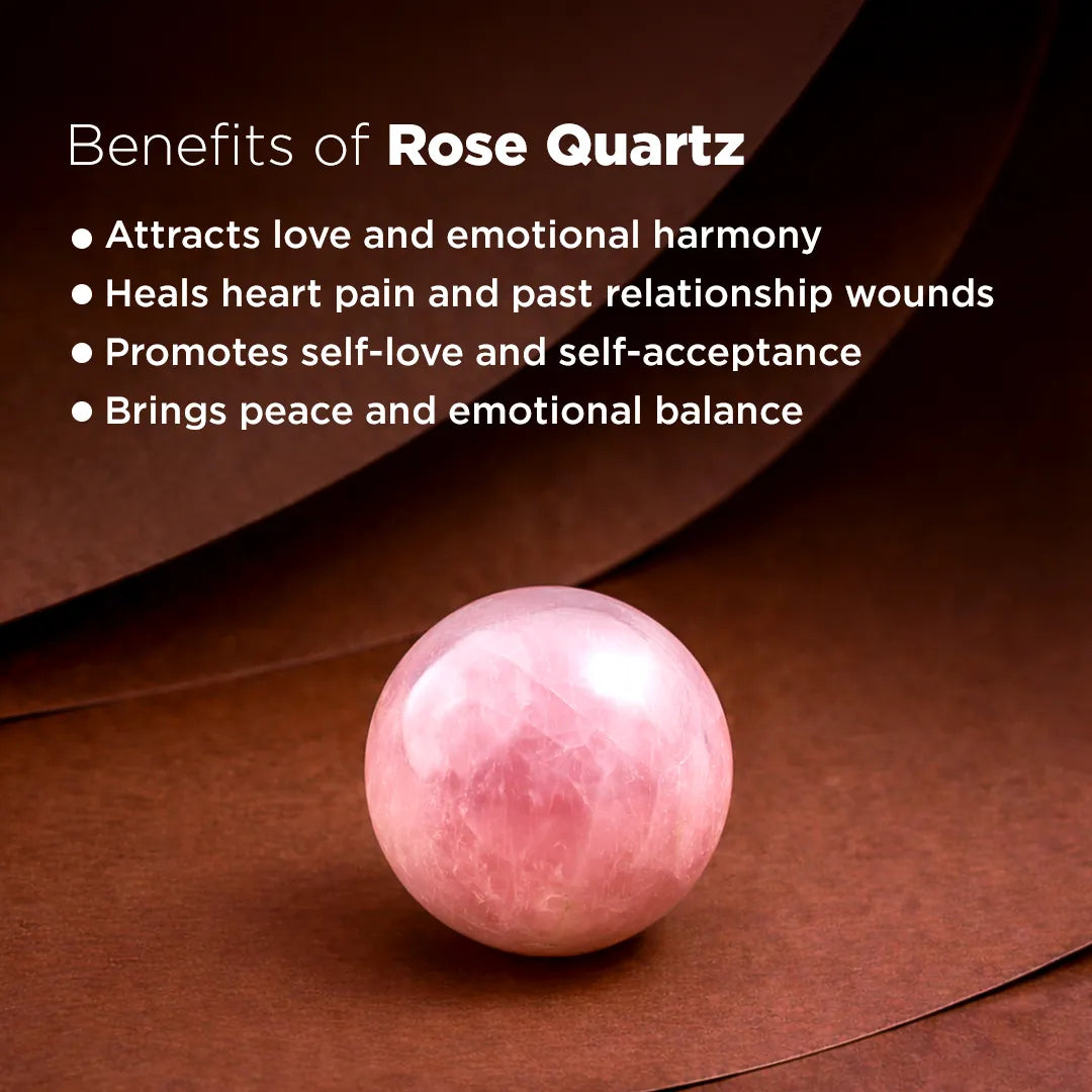 Rose Quartz crystal with benefits listed on a brown backgroundNatural Rose Quartz Crystal Ball – Abhimantrit & Certified