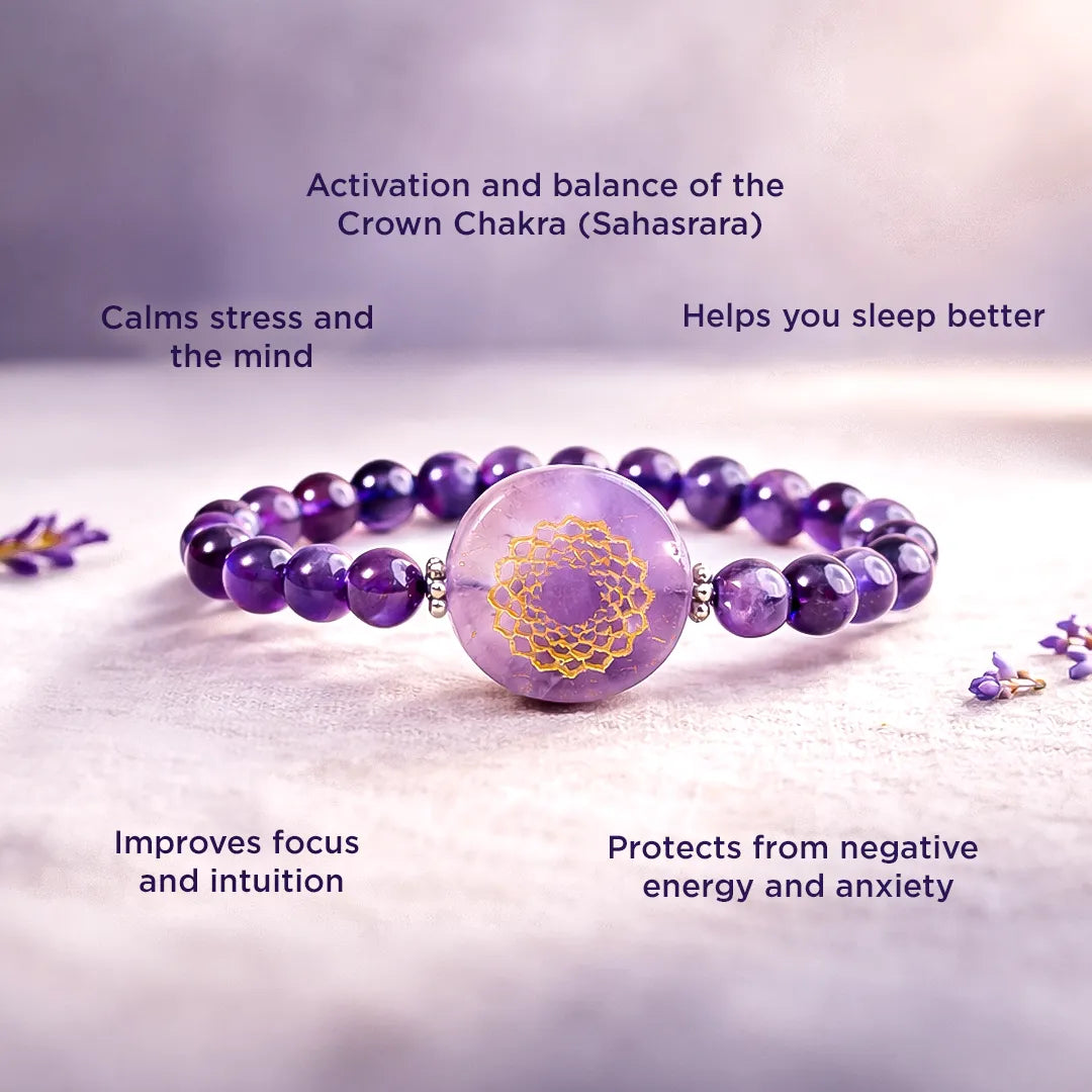 Purple beaded bracelet with a central circular design on a light background