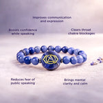 Blue beaded bracelet with a central stone featuring a symbol, on a light background with text about its benefits.