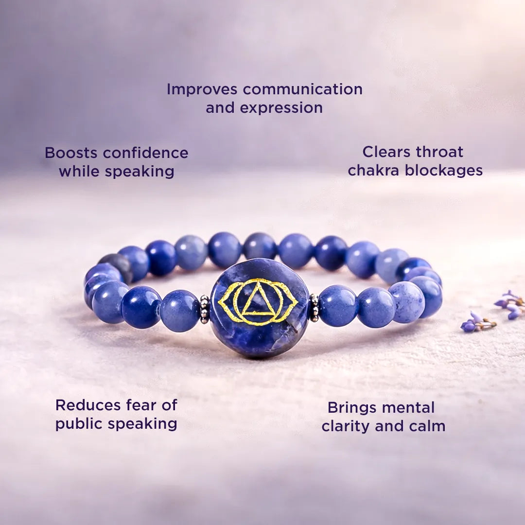 Blue beaded bracelet with a central stone featuring a symbol, on a light background with text about its benefits.Blue Aventurine Throat Chakra Bracelet – Abhimantrit & Energized