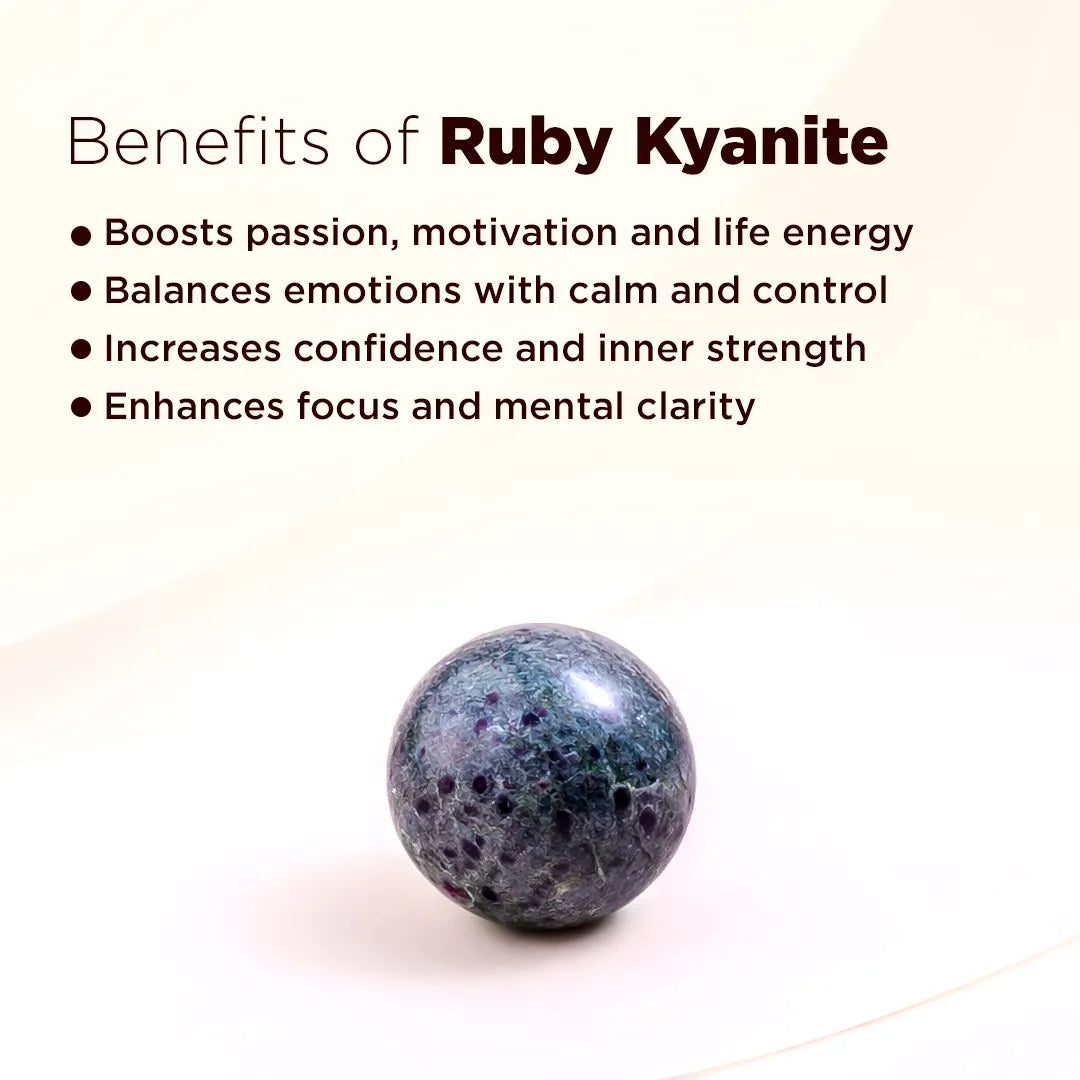 Ruby Kyanite stone with benefits listed on a white background