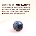 Ruby Kyanite stone with benefits listed on a white background