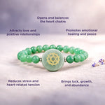 Green beaded bracelet with a gold emblem on a light background