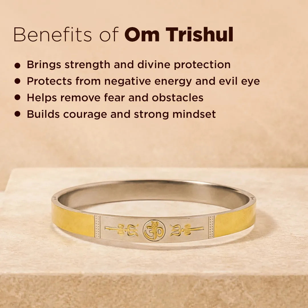 Om Trishul bracelet with benefits listed on a beige backgroundOm Trishul Kada – IGP Gold & Silver Plated Spiritual Kada for Protection
