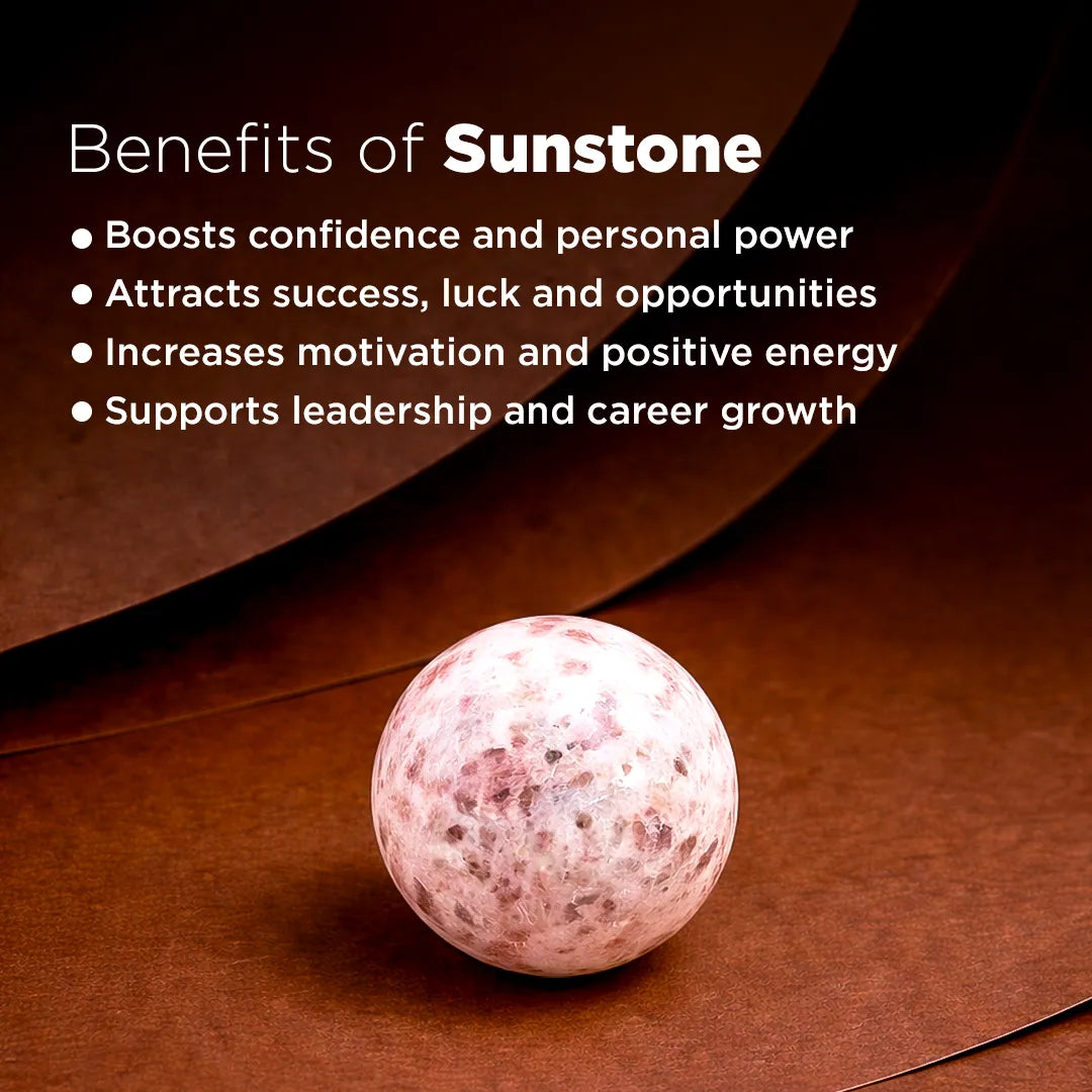Crystal ball with text explaining benefits on a brown backgroundNatural Sunstone Crystal Ball – Abhimantrit & Certified