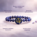 Blue beaded bracelet with a central circular emblem on a light gray background, featuring text about its benefits.