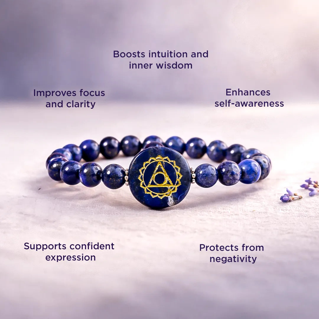 Blue beaded bracelet with a central circular emblem on a light gray background, featuring text about its benefits.Lapis Lazuli Third Eye Chakra Bracelet – Abhimantrit & Energized