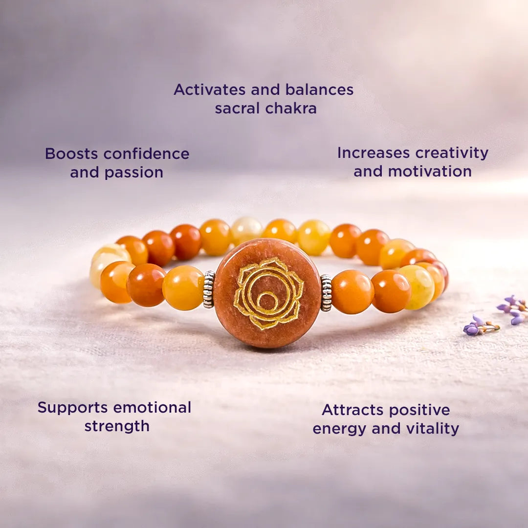 Bracelet with a chakra symbol on a light backgroundRed Aventurine Sacral Chakra Bracelet – Abhimantrit & Energized