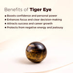 Tiger eye stone with benefits listed on a light background