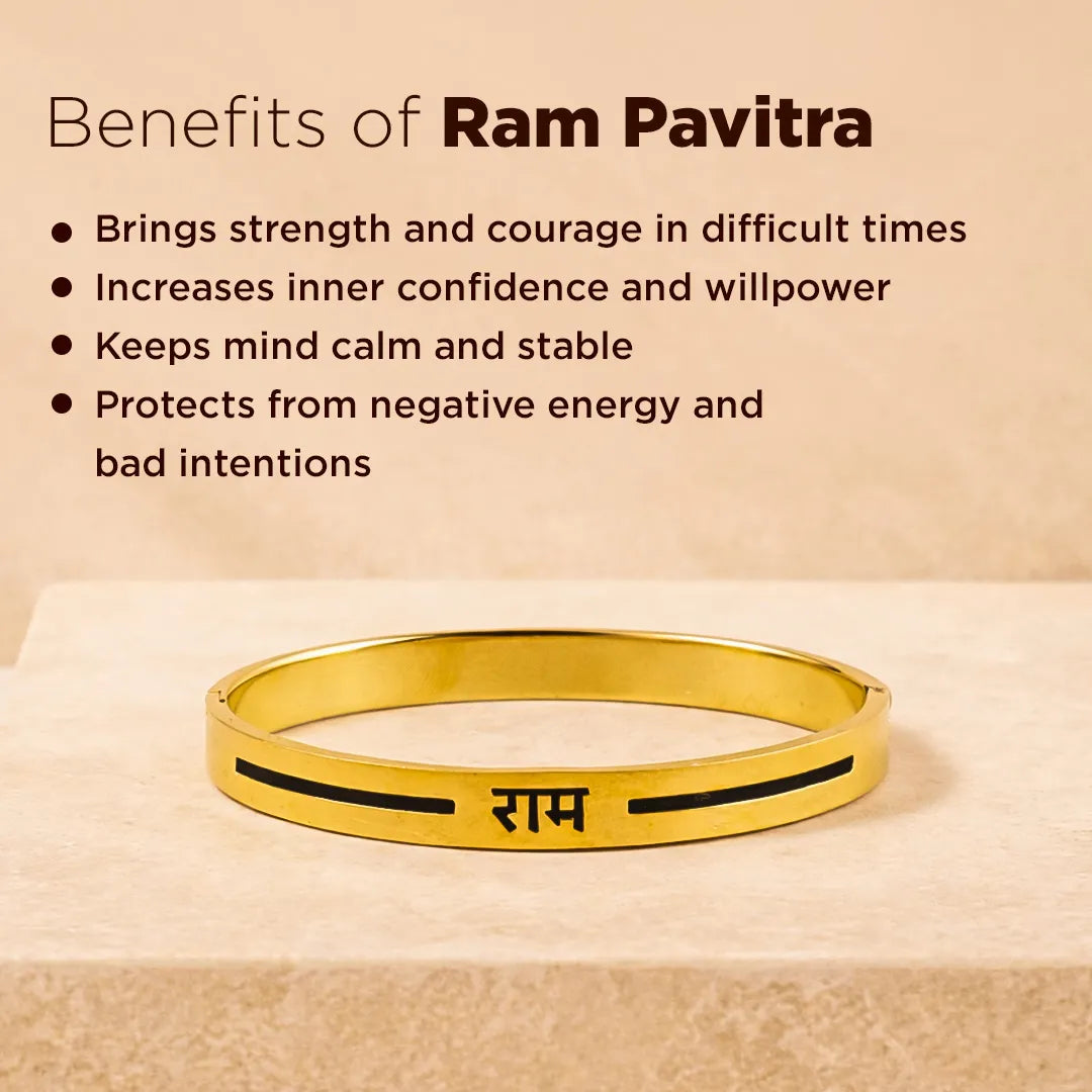 Gold bracelet with 'Ram' engraving on a beige background with text about Ram Pavitra benefits.Ram Pavitra Kada (IGP Gold Plating) – Abhimantrit & Certified