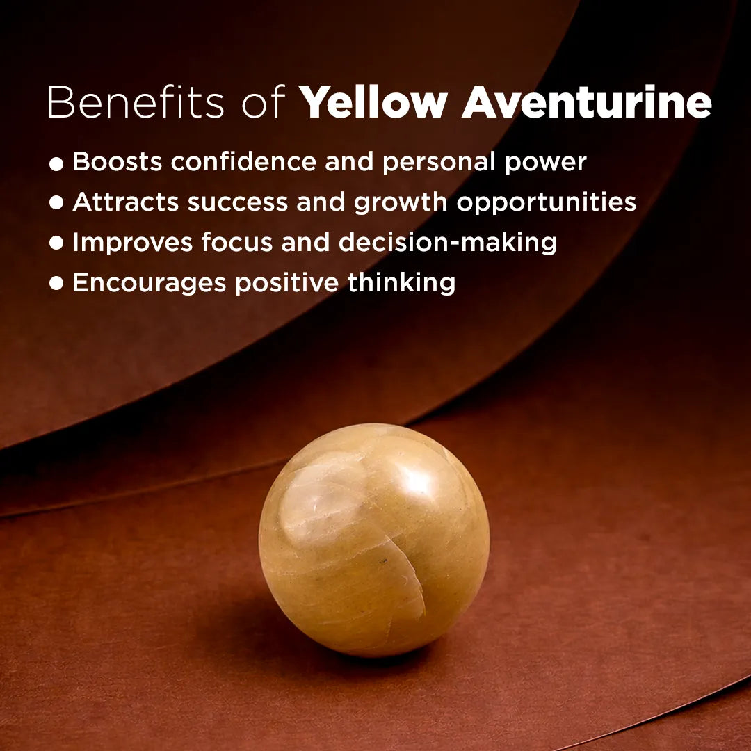 Yellow aventurine stone on a brown background with text about its benefits.Natural Yellow Aventurine Crystal Ball – Abhimantrit & Certified