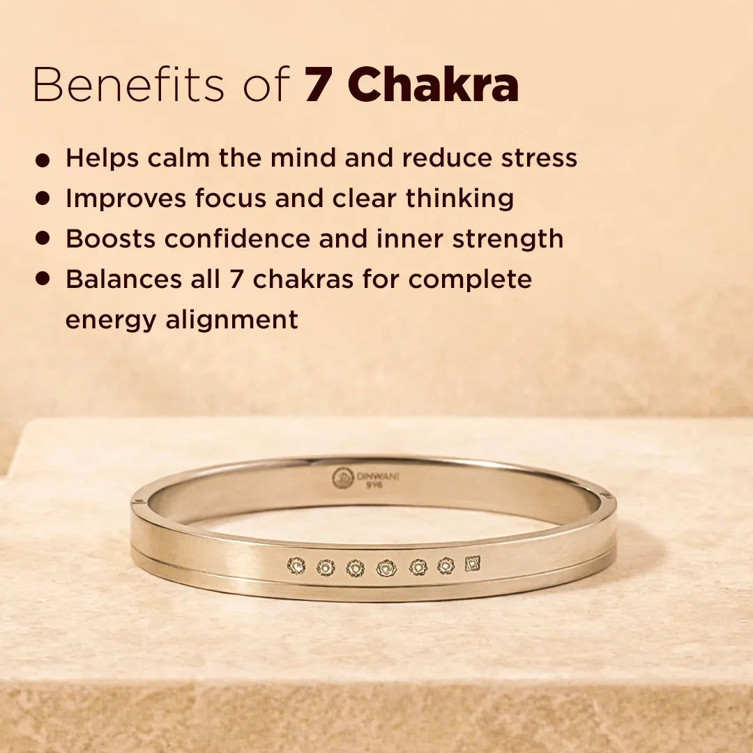 Silver bracelet with 7 chakra symbols on a beige background with text about the benefits of 7 chakra.