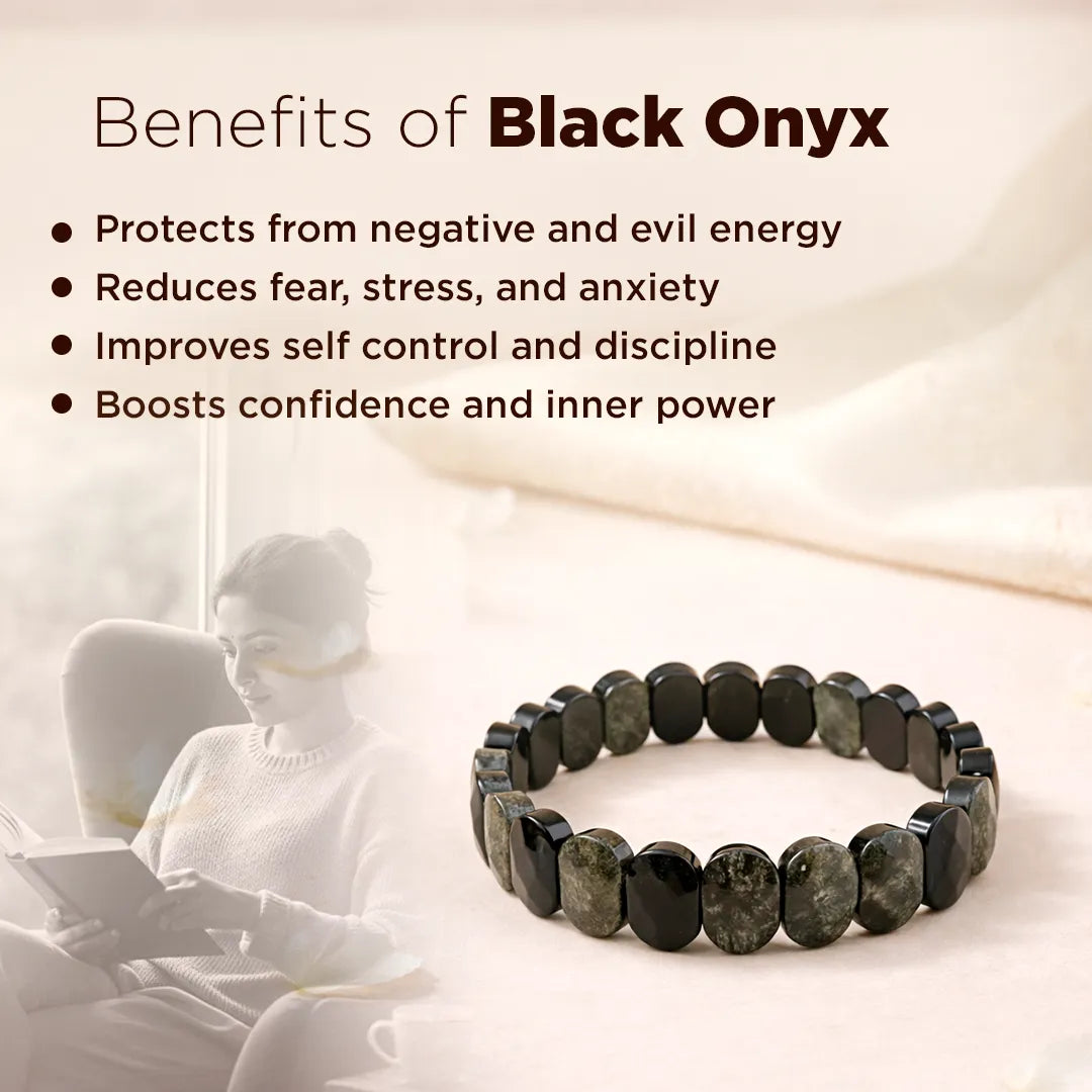 Black onyx bracelet with text listing benefits on a soft backgroundBlack Onyx Emerald Cut Protection Bracelet – Emerald Cut Design