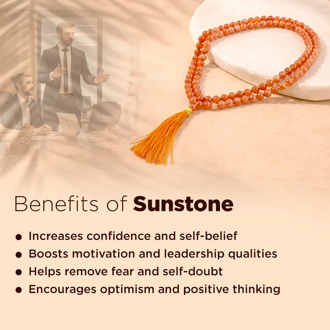 Sunstone mala beads with a blurred office scene and text about sunstone benefits.