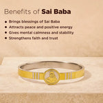 Silver and gold bracelet with Sai Baba emblem on a beige background, featuring text about the benefits of Sai Baba.