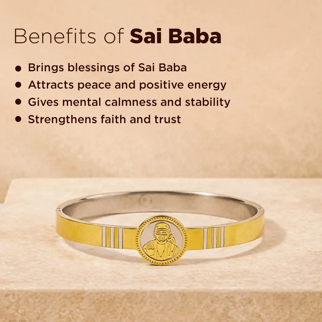 Silver and gold bracelet with Sai Baba emblem on a beige background, featuring text about the benefits of Sai Baba.Sai Baba Kada – IGP Gold Plated Devotional Kada for Faith, Protection & Positivity