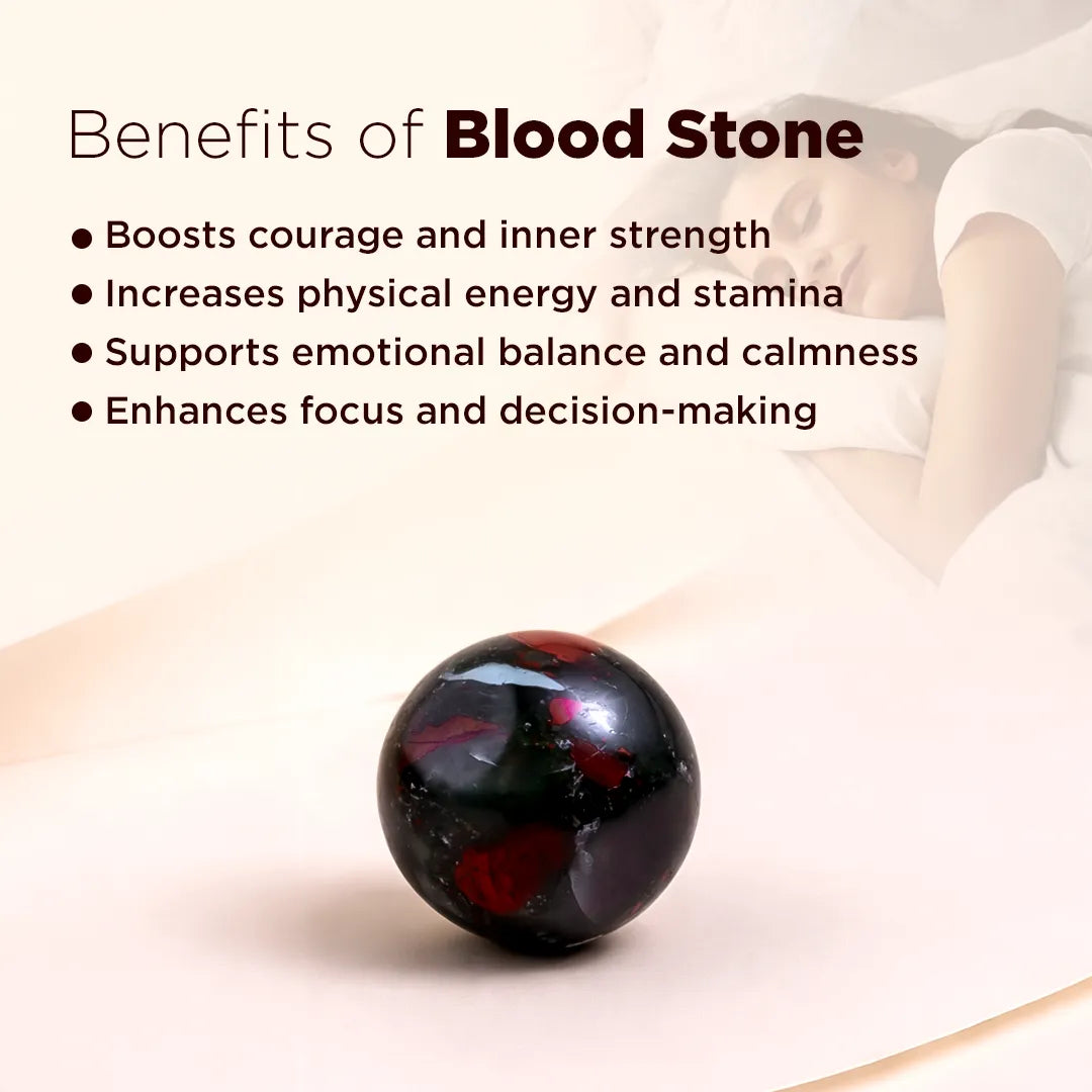 Blood stone with text listing its benefits on a light background