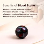 Blood stone with text listing its benefits on a light background