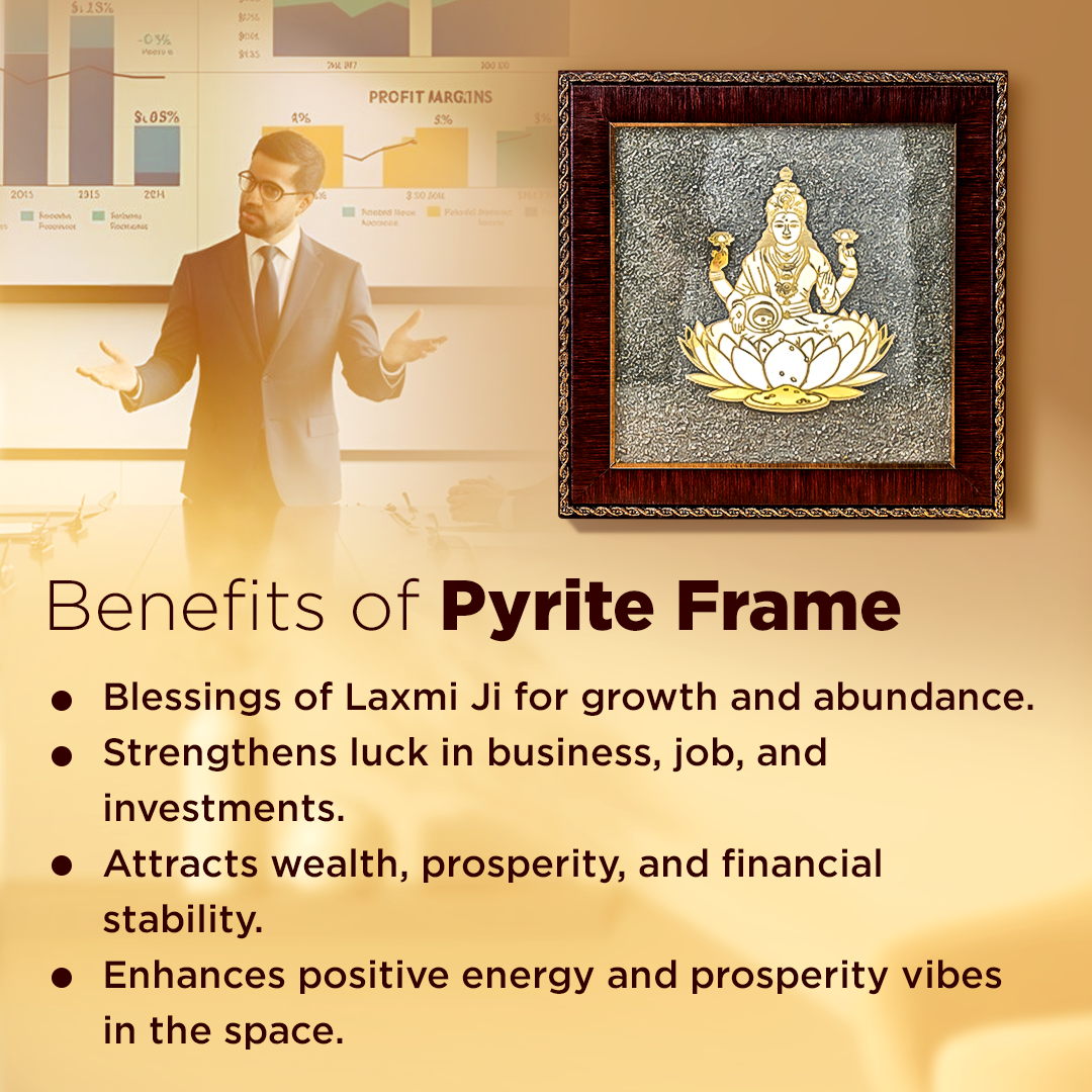 Pyrite frame with Laxmi Ji image and text about its benefits on a yellow background