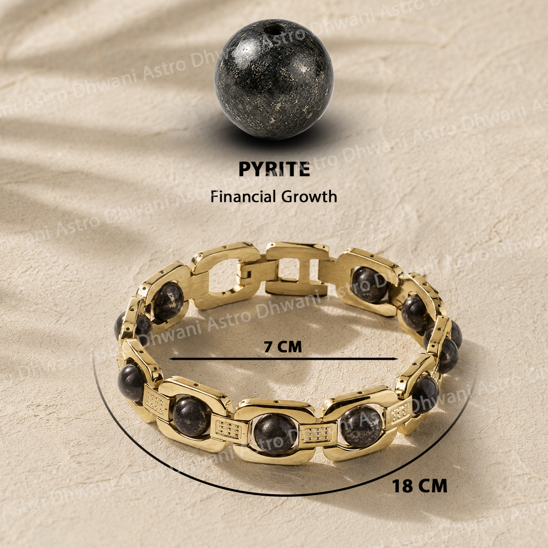 Gold bracelet with pyrite stones on a beige background, labeled for financial growth.