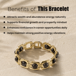 Gold bracelet with black stones on a beige background with text about benefits