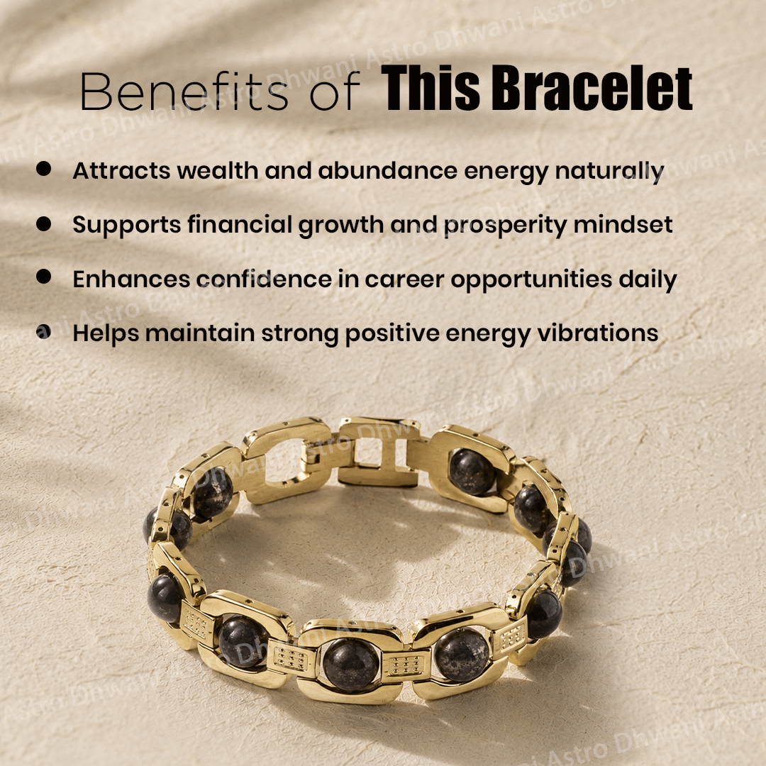 Gold bracelet with black stones on a beige background with text about benefitsNatural Pyrite Stone Chain Bracelet for Prosperity & Confidence