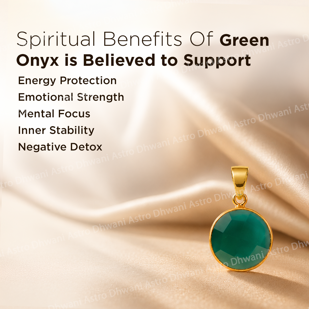 Green onyx pendant with gold chain on beige fabric, text about spiritual benefits of green onyx.Round Green Onyx Aura Pendant in Real 24KT Gold Electroformed