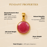 Gold pendant with rubellite stone on a beige background with text detailing properties.
