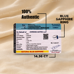 Gemstone identification report for a blue sapphire ring on a fabric background