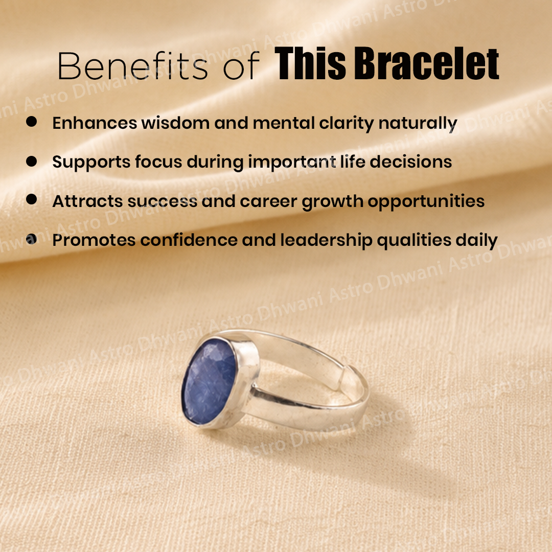 Silver ring with a blue stone on a beige fabric background, featuring text about the bracelet's benefits.