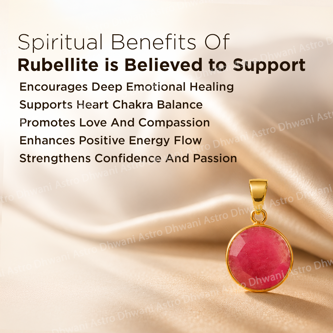 Rubellite pendant on a satin background with text about spiritual benefits