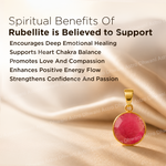 Rubellite pendant on a satin background with text about spiritual benefits