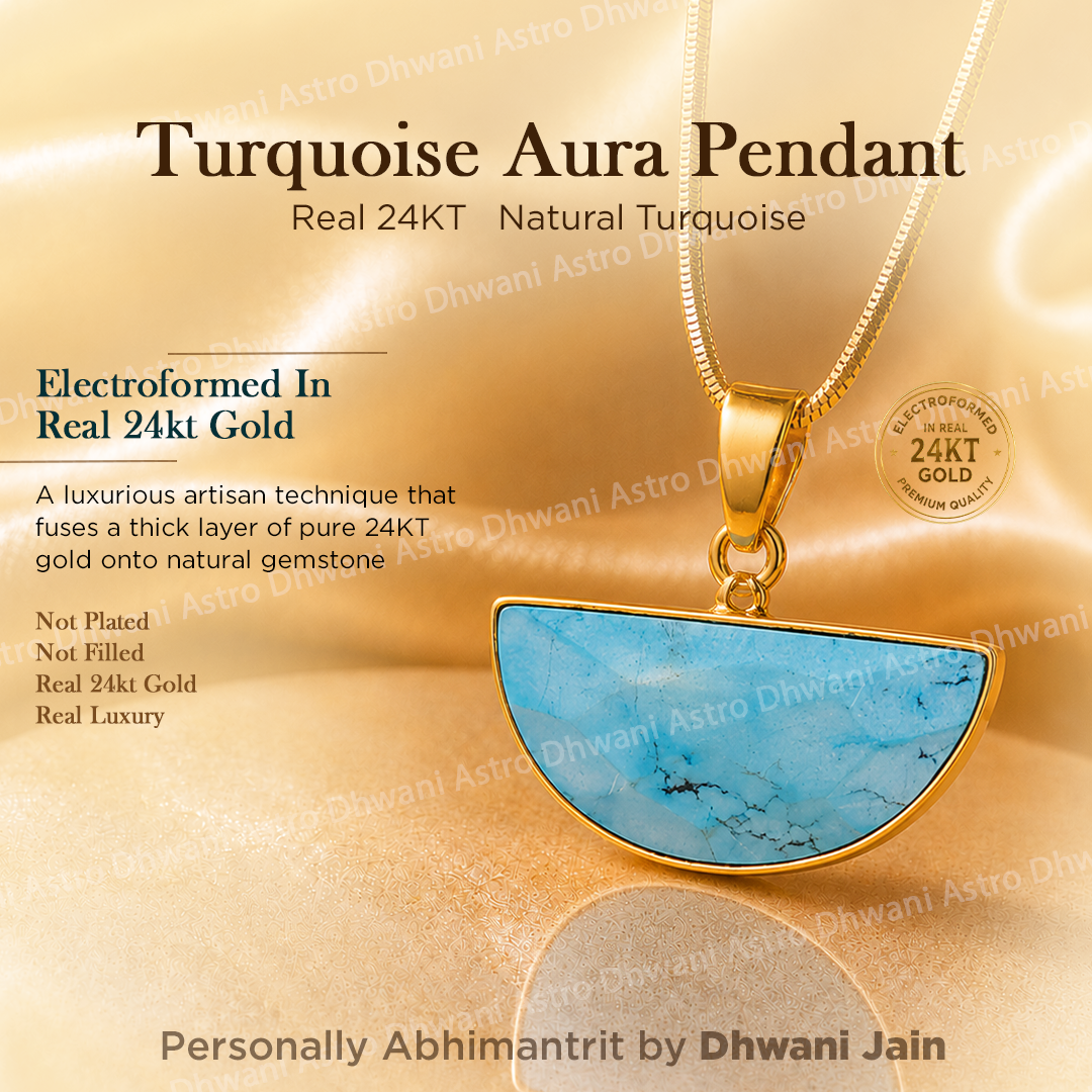 Turquoise pendant with gold frame on a gold background, featuring text about the product.