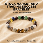 Multicolored beaded bracelet on a beige fabric background with text about stock market success and certification.