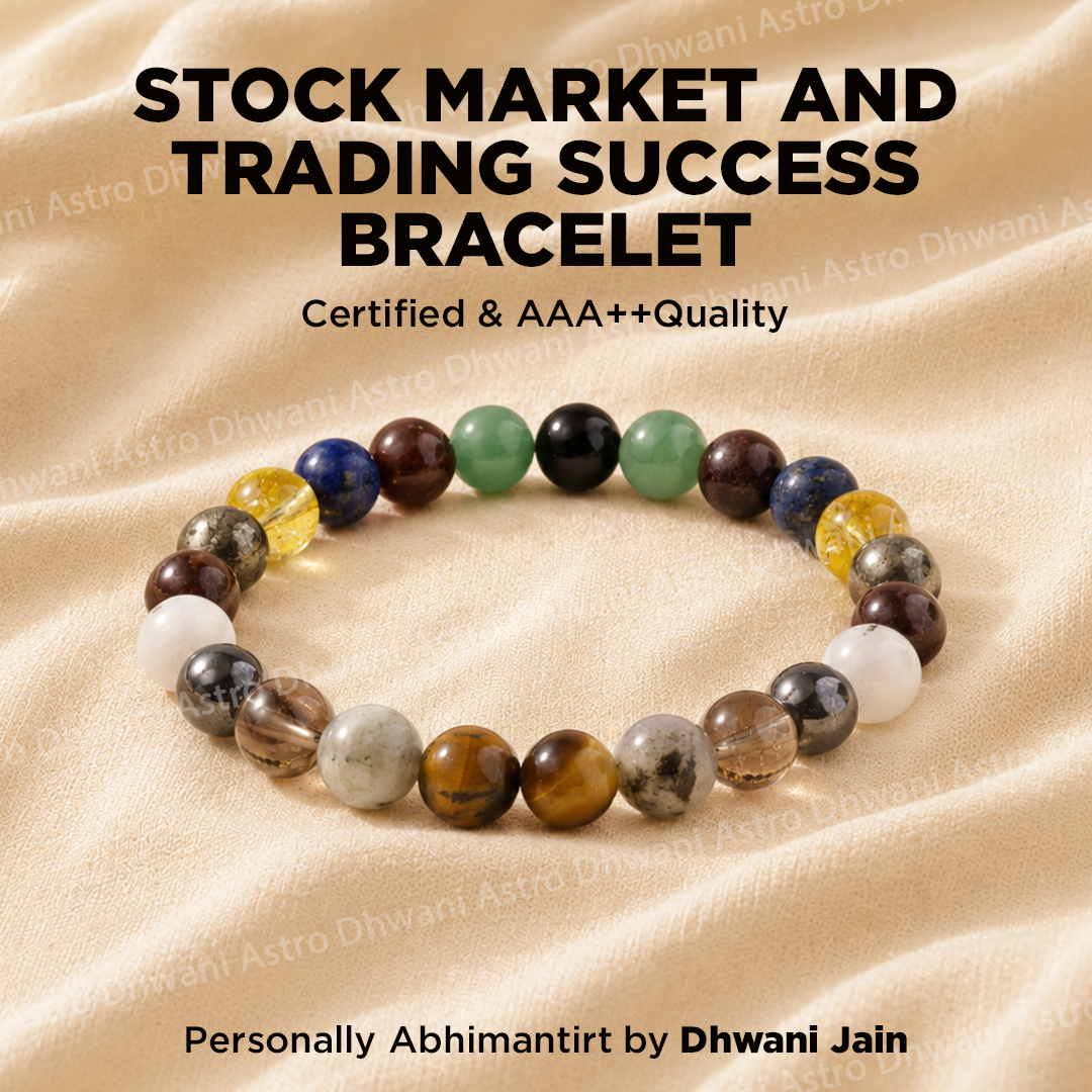 Multicolored beaded bracelet on a beige fabric background with text about stock market success and certification.
