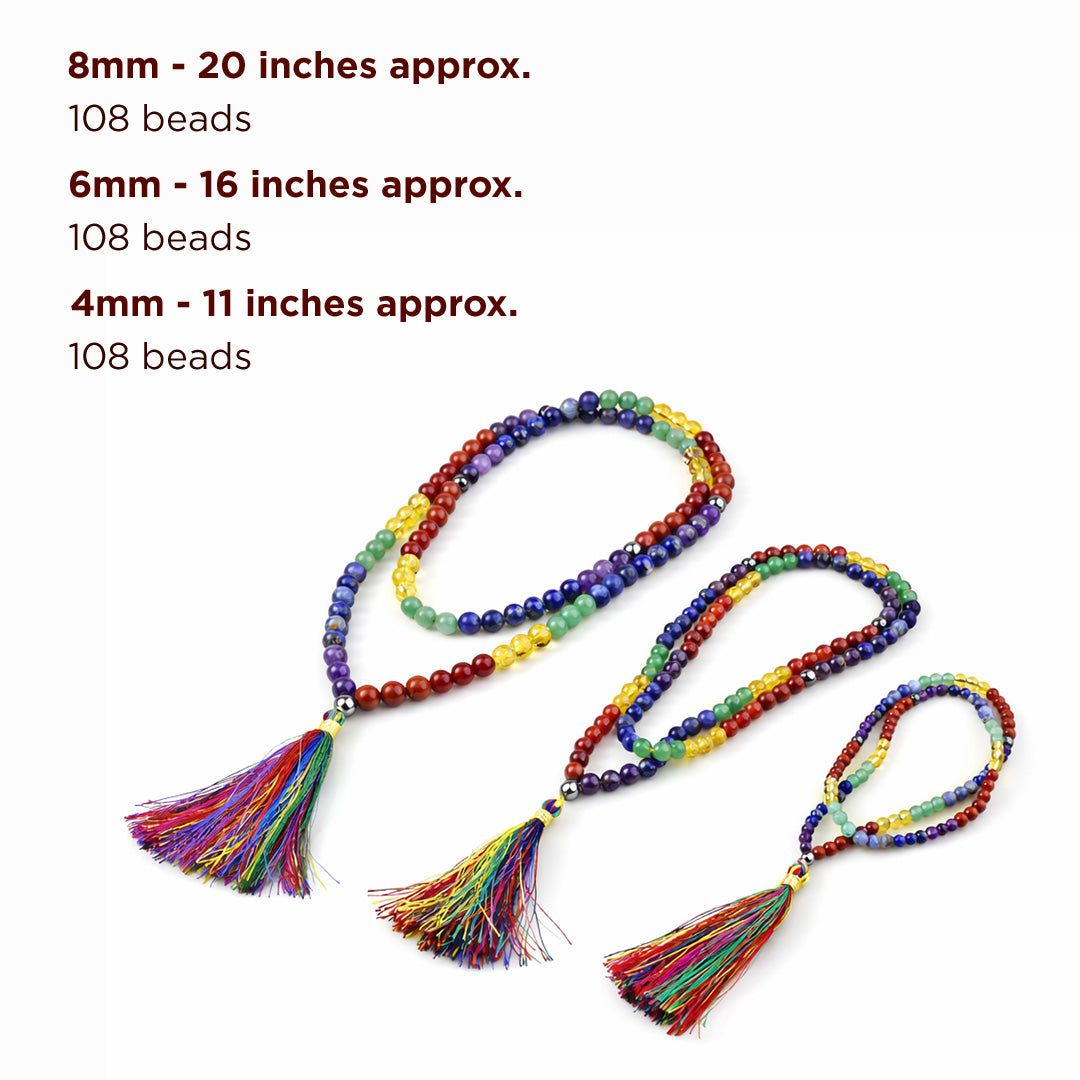 Colorful beaded necklace with tassels on a white backgroundसात चक्र जप माला-अभिमंत्रित एवं प्रमाणित
