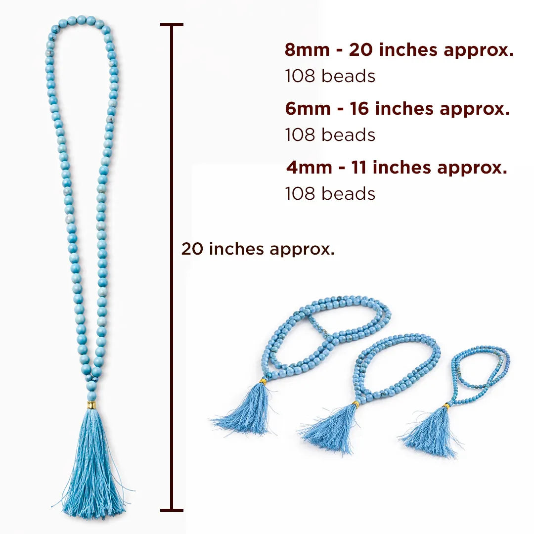 Blue beaded necklace with tassels and measurements on a white backgroundTurquoise Crystal Mala – Protection, Communication & Emotional Balance Mala