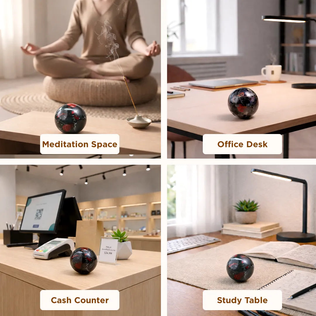Product used in various settings including meditation space, office desk, cash counter, and study table.Natural Blood Stone Crystal Ball – Abhimantrit & Certified
